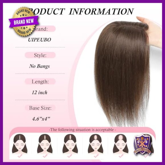 12 Inch Human Hair Topper for Thinning Hair, Mono Base with Clips main image 5